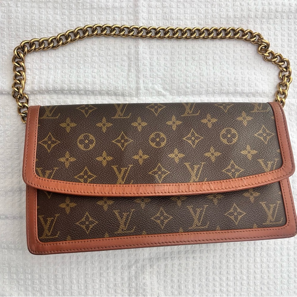 Authentic Louis Vuitton Brown Monogram Clutch with Gold Chain